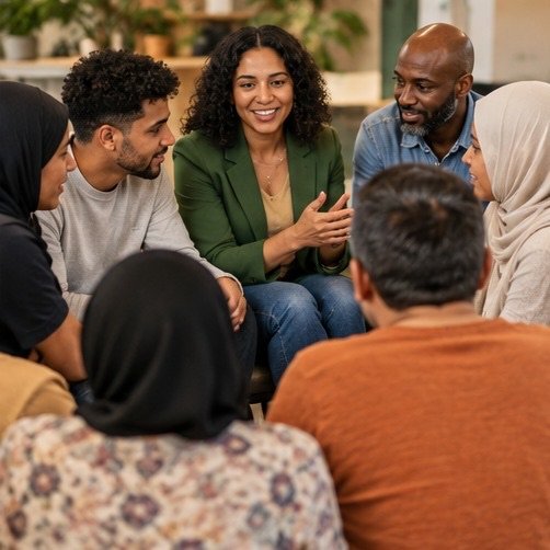 Diverse groep mensen in gesprek